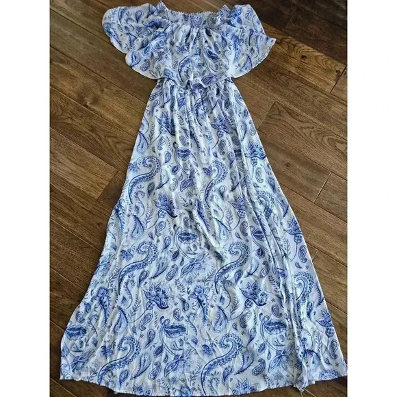 Show Me Your Mumu Off Shoulder Hacienda Blue White Floral Maxi Dress Women's S - Picture 1 of 9